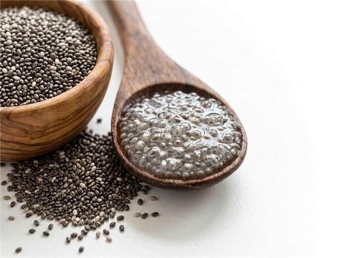 Chia seed gel on a spoon showing the expanding fiber in Hinuki