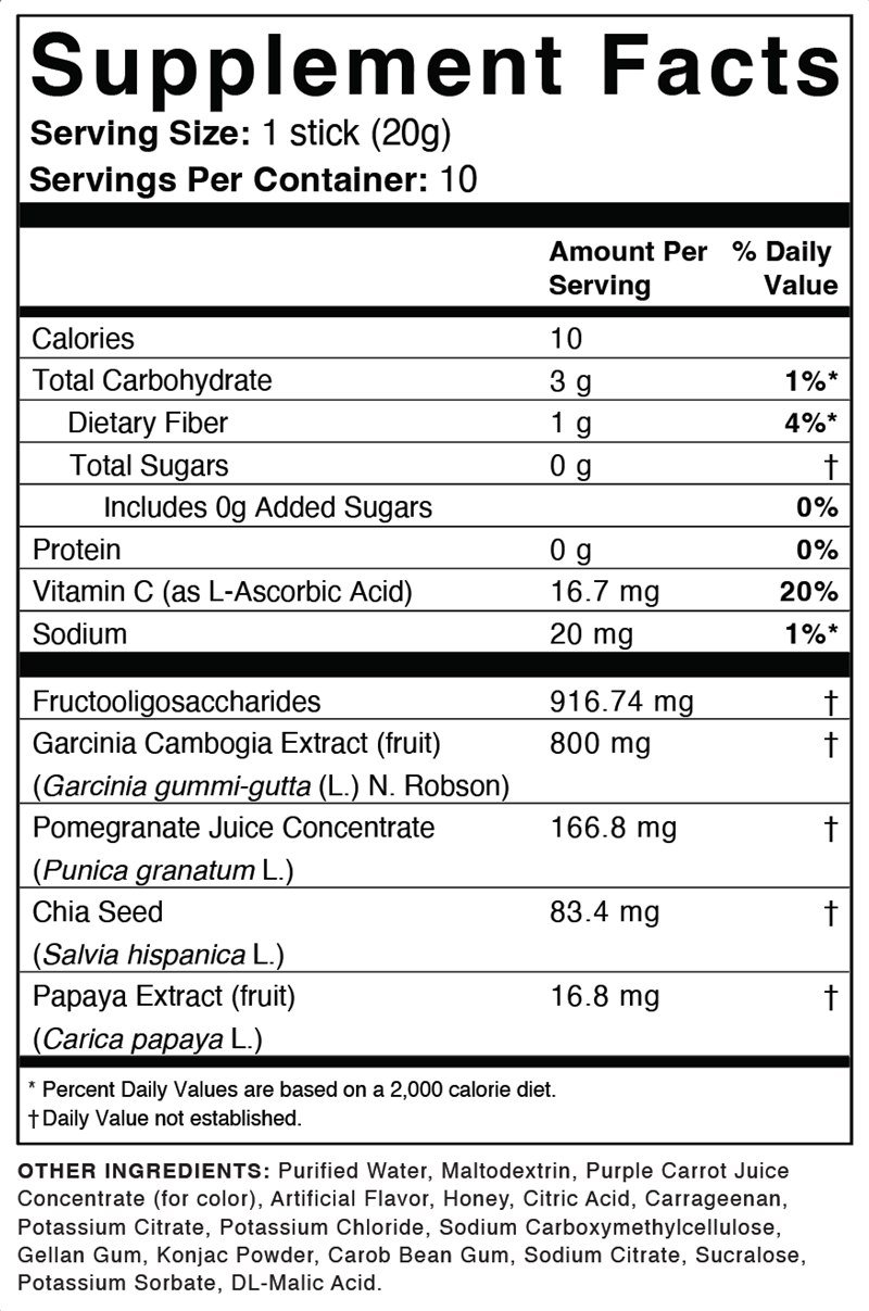 Hinuki jelly stick supplement facts label showing calories fiber and ingredients